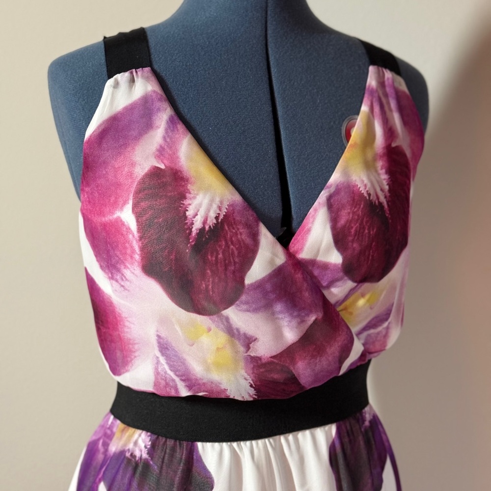 Floral Sleeveless Dress with Purple Silk Screen Flowers